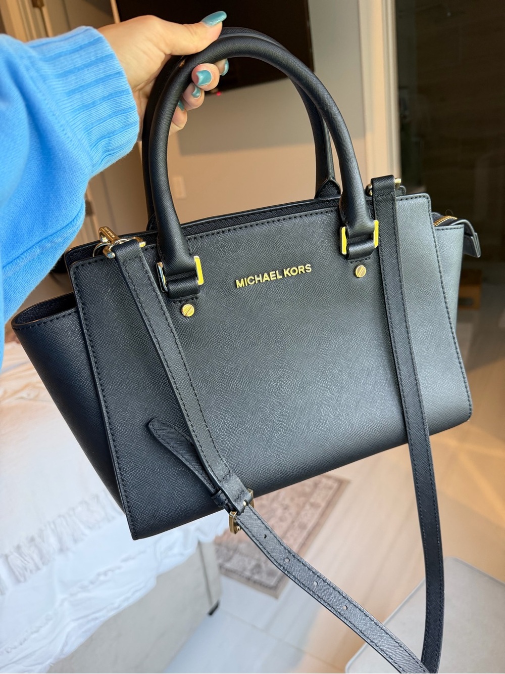 Michael Kors Black Saffiano Selma Satchel with Gold Hardware